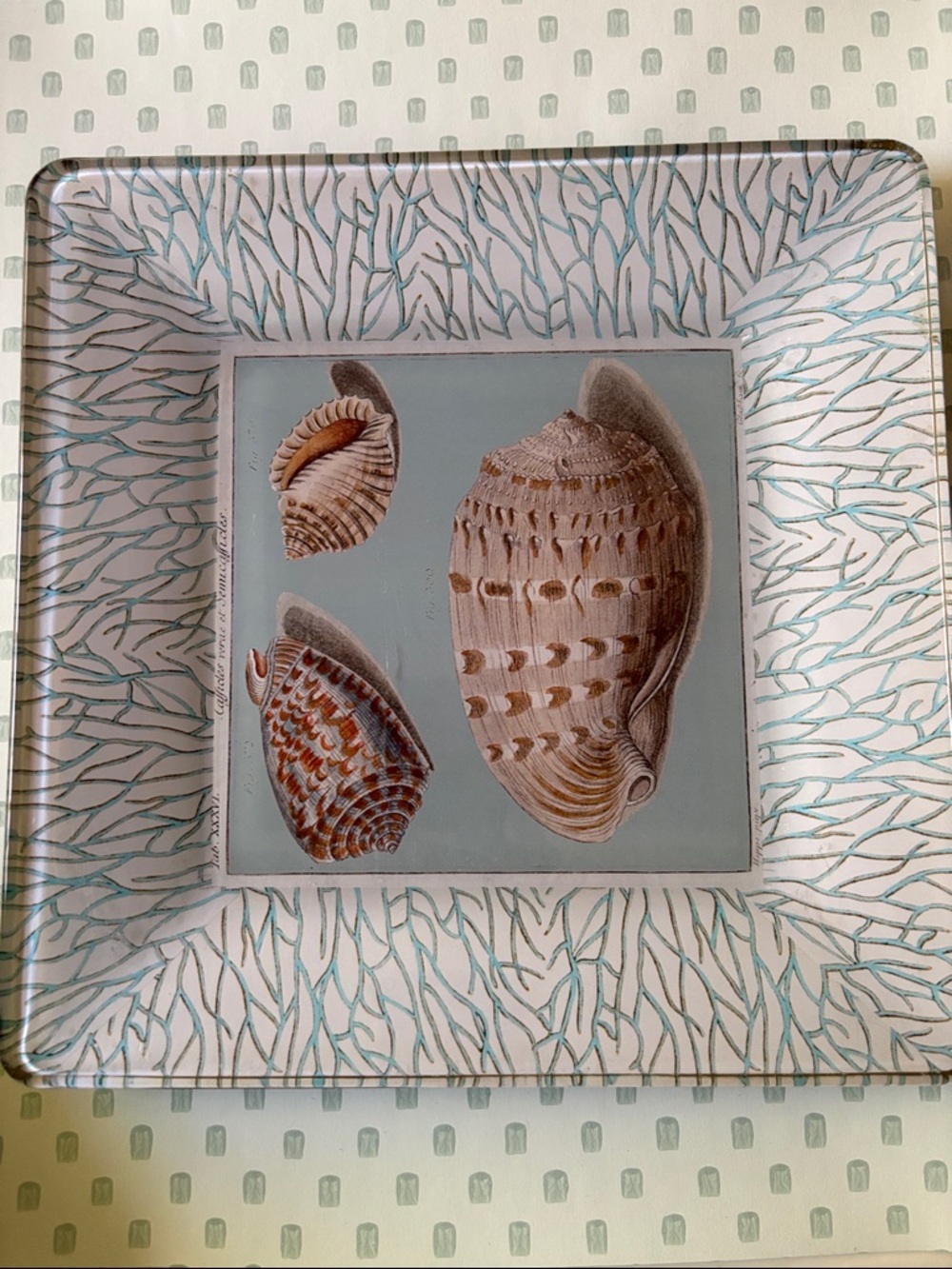 Decoupage Seaside Shell Decorative Glass Tray - Blue & Beige